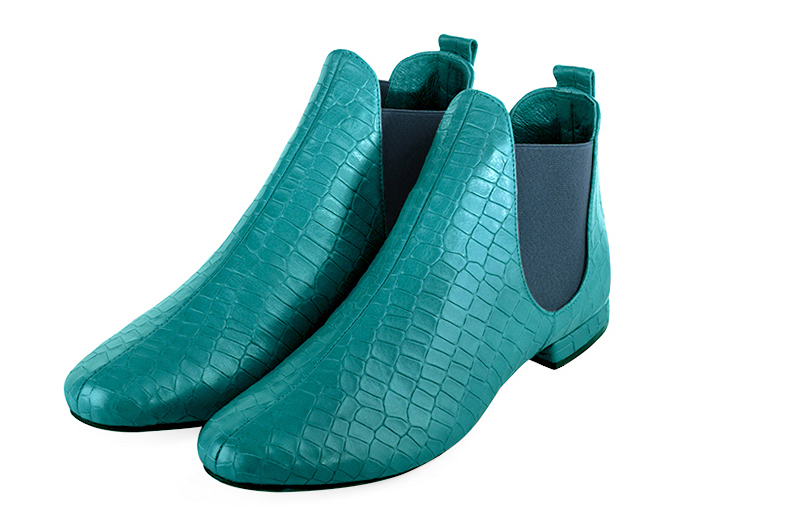 Turquoise blue women's ankle boots, with elastics. Round toe. Flat block heels. Front view - Florence KOOIJMAN